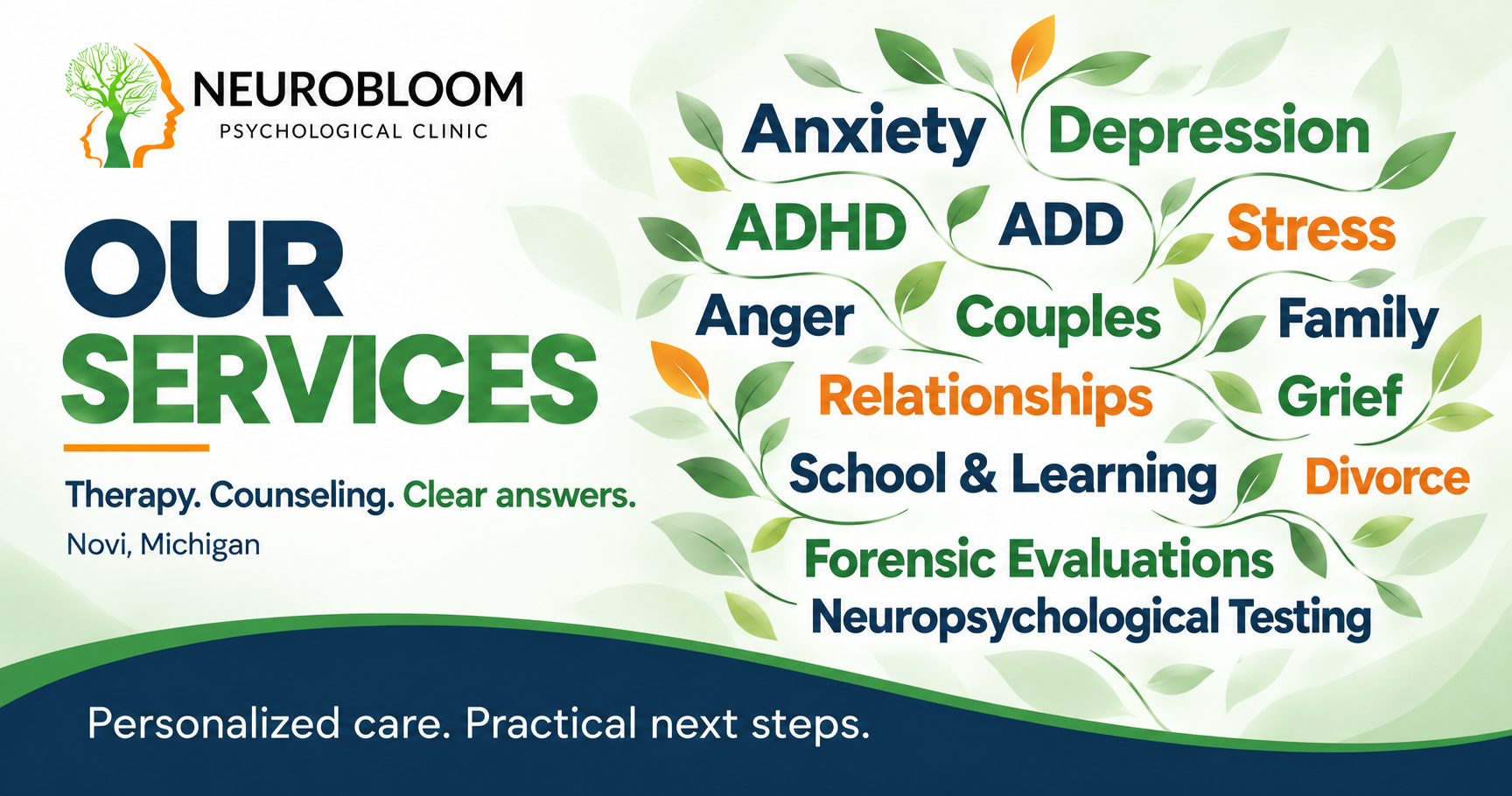 Neurobloom services: therapy, counseling, and psychological evaluations in Novi, Michigan
